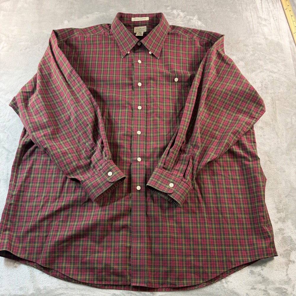 LL Bean Mens XXL Plaid Button Down Shirt Red Green Wrinkle Resistant Lumber jack